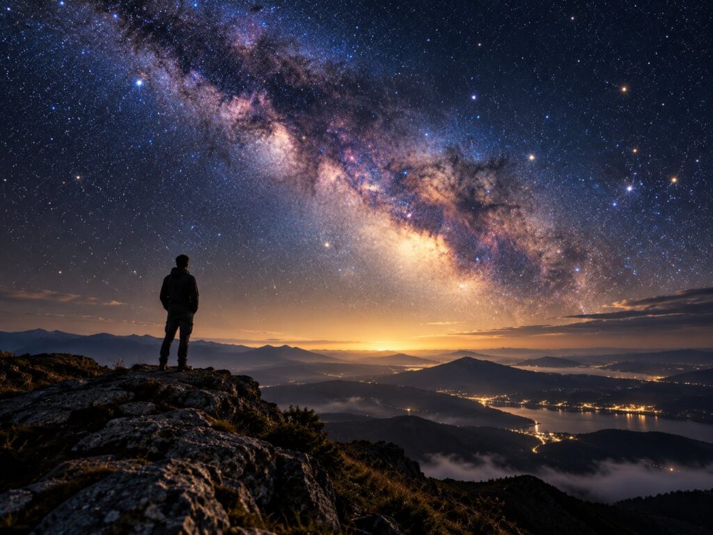 Om pe vârful unui munte privind Calea Lactee deasupra văilor luminate