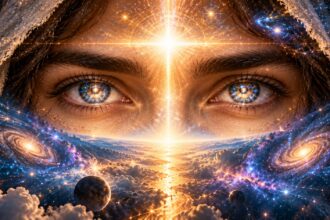 Privire luminoasă între galaxii și nori, simbol al conștiinței care contemplă universul