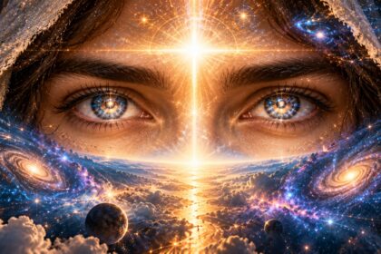 Privire luminoasă între galaxii și nori, simbol al conștiinței care contemplă universul