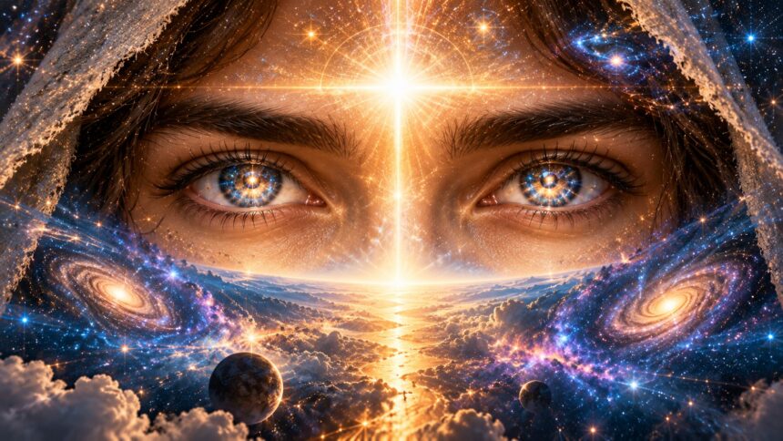 Privire luminoasă între galaxii și nori, simbol al conștiinței care contemplă universul